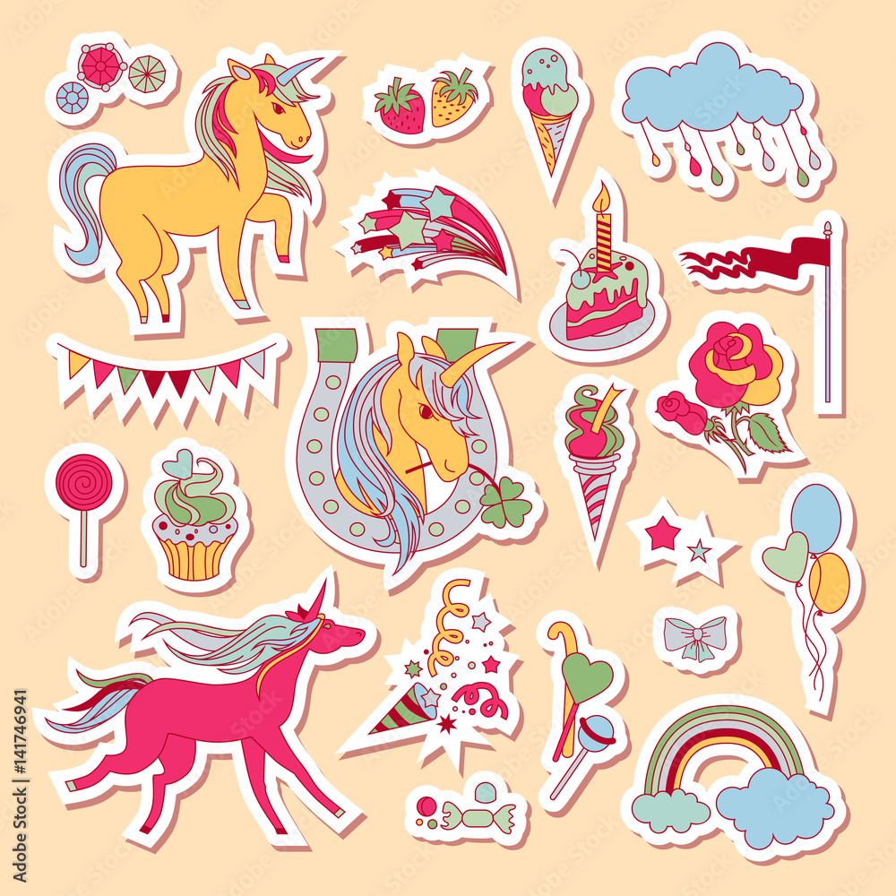 Hand drawn holiday stickers with rainbow, unicorn, cloud, sweets and ice-cream