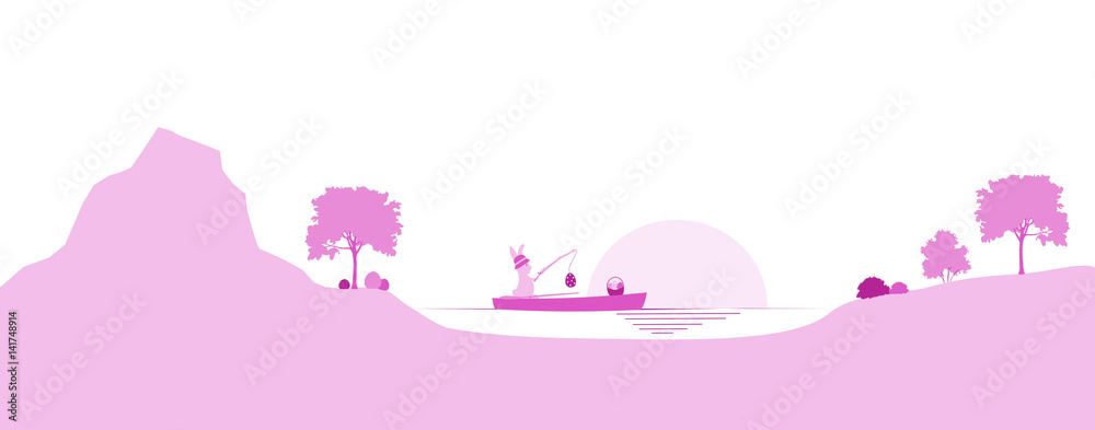 Happy Easter. Rabbit in a boat with fishing rod and eggs in a pink landscape.