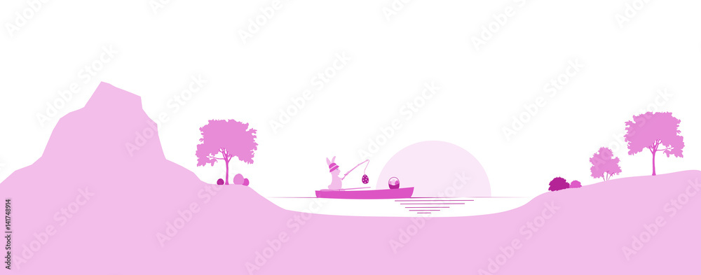 Happy Easter. Rabbit in a boat with fishing rod and eggs in a pink landscape. Happy Easter. Rabbit in a boat with fishing rod and eggs in a pink landscape.