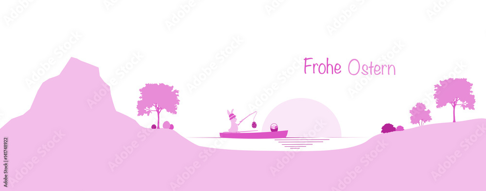 Frohe Ostern. Rabbit in a boat with fishing rod and eggs in a pink landscape. Words: Happy Easter (in German) Frohe Ostern. Rabbit in a boat with fishing rod and eggs in a pink landscape. Words: Happy Easter (in German)