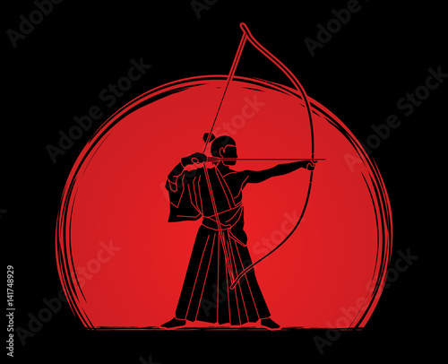Man bowing Kyudo designed on sunset background graphic vector.