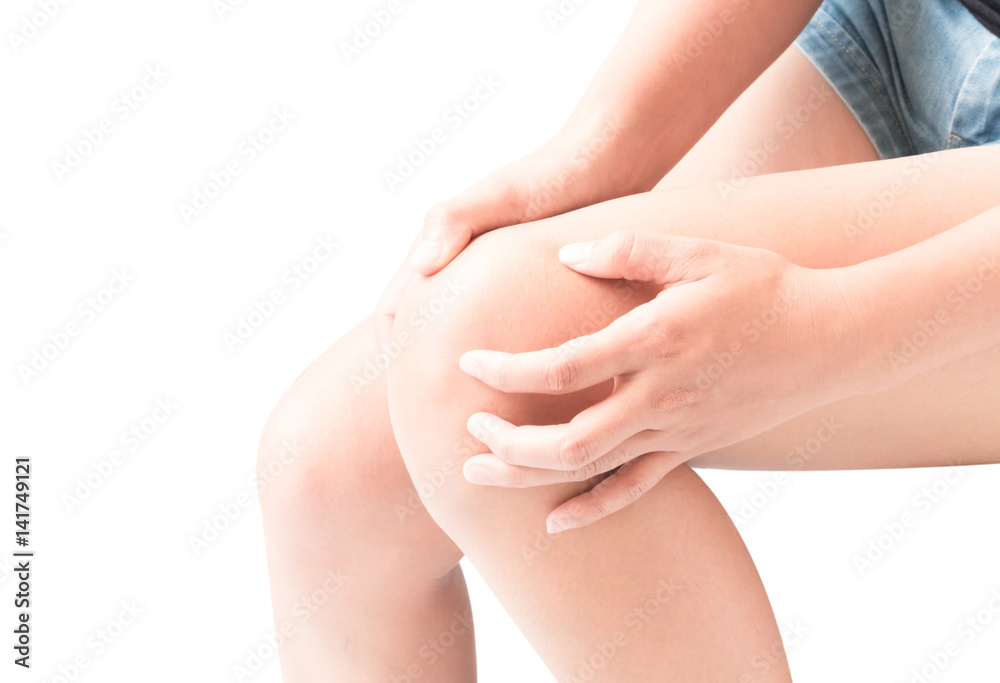 Fototapeta premium Closeup woman hand hold knee with pain symptom, health care and medicine concept