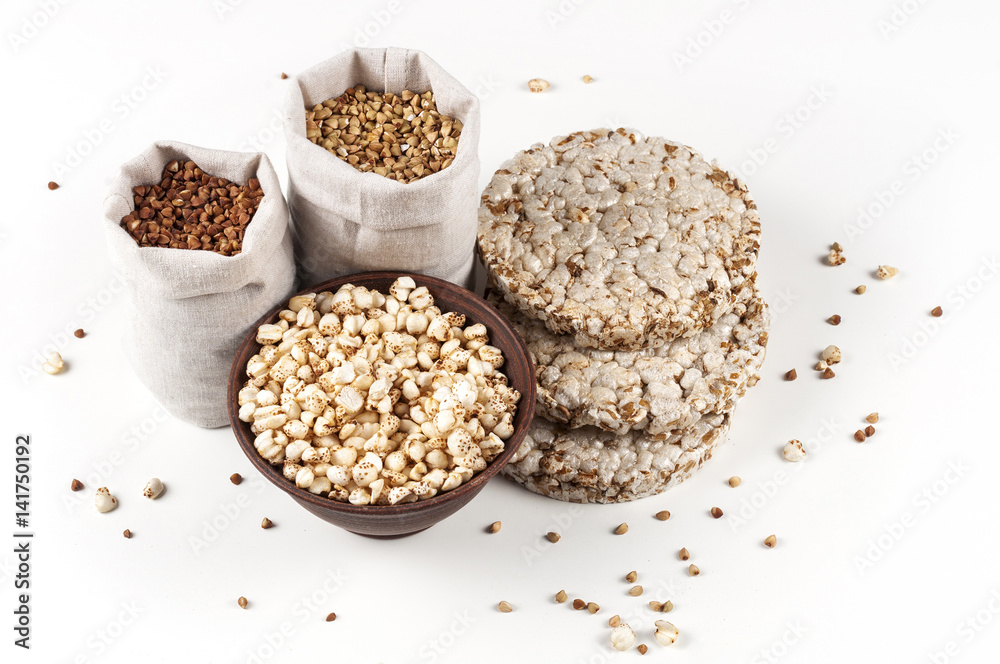 Round cakes, puffed buckwheat, green and brown cereals