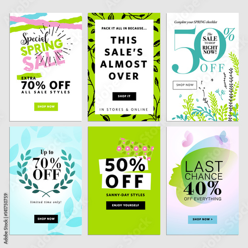 Spring mobile sale banners collection. Vector illustrations of online shopping website and mobile website banners, posters, newsletter designs, ads, coupons, social media banners.