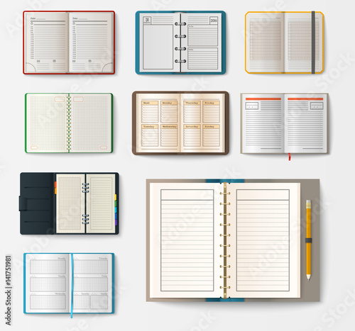 Set of open realistic notebooks with pages diary office sheet template booklet and blank paper education copybook organizer vector illustration.