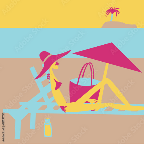 Summer holidays. Woman lying on the deckchair on the beach and sunbathing. Vector illustration.