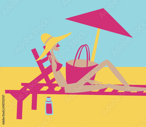 Summer holidays. Woman lying on the deckchair on the beach and sunbathing. Vector illustration.