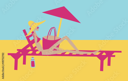 Summer holidays. Woman lying on the deckchair on the beach and sunbathing. Vector illustration.