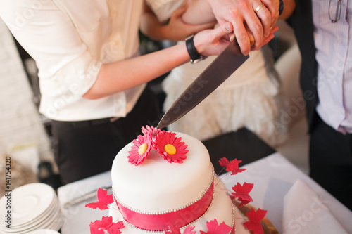 bride and a groom is cutting their wedding cake