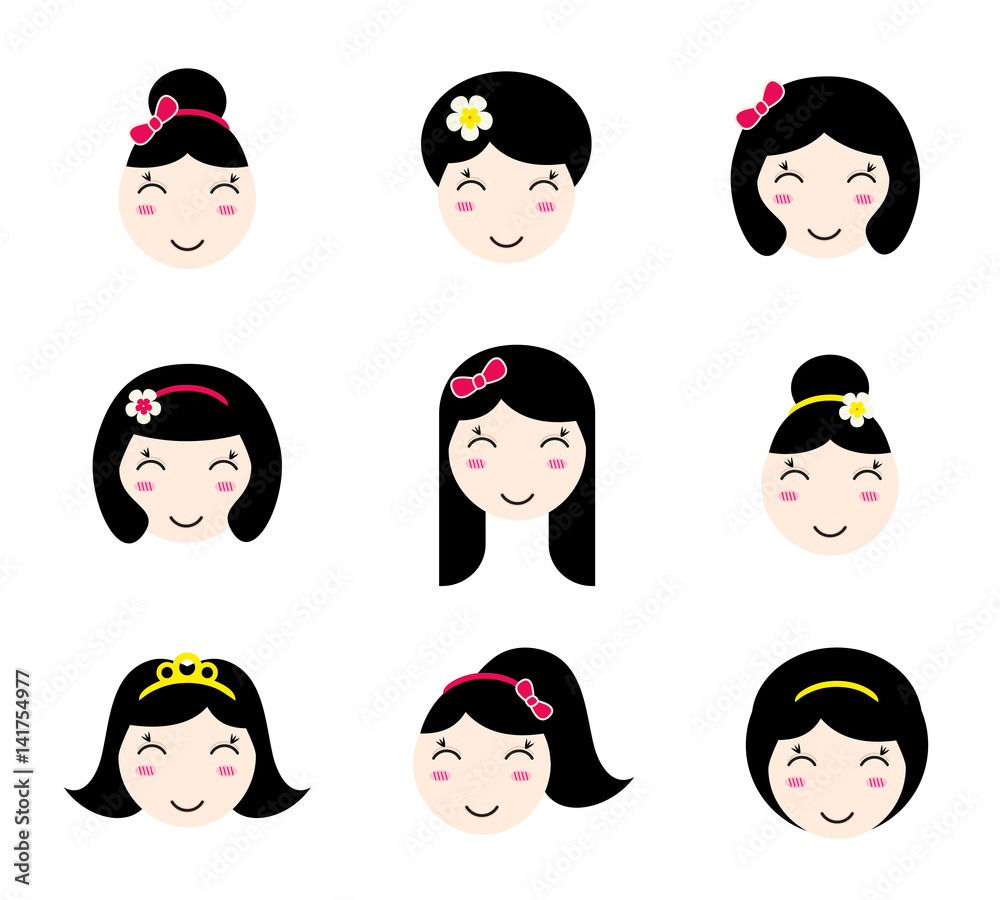 Set of cute girl characters with different hairstyles. Anime style. Kawaii  asian girls with long and short hair. Flat avatar and web site icons for  beauty salon. Vector EPS10 illustration. Stock Vector |