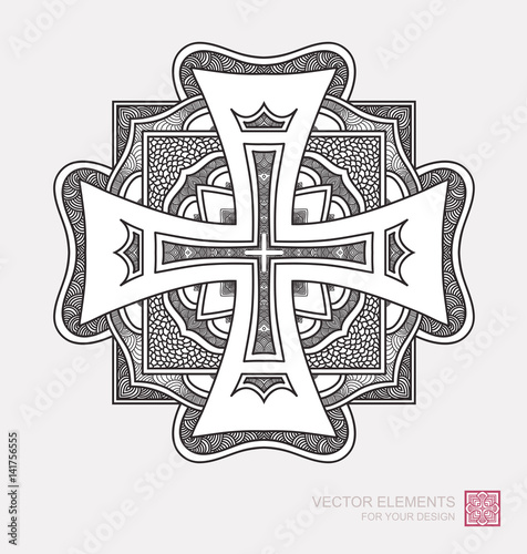Floral abstract ornament of round shape. Christian cross, graphic elements are drawn by hand. Modernist Minimalist Art