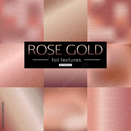 Set of rose gold vector gradients collection. Pink foil texture metallic for banner, background, frame design. Vector illustration.