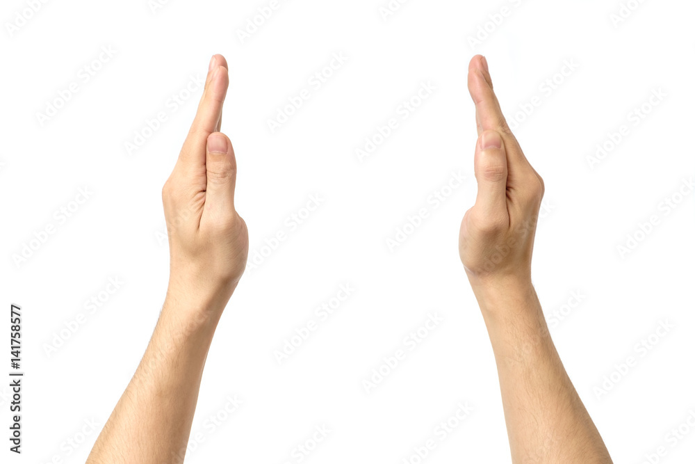 Man hand's measuring invisible item isolated Man hand's measuring invisible item isolated