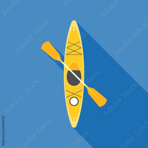 yellow kayak with paddle, flat design vector with long shadow