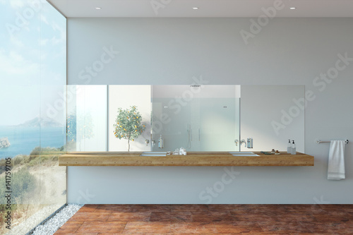 3d illustration of showerroom with panoramic view 