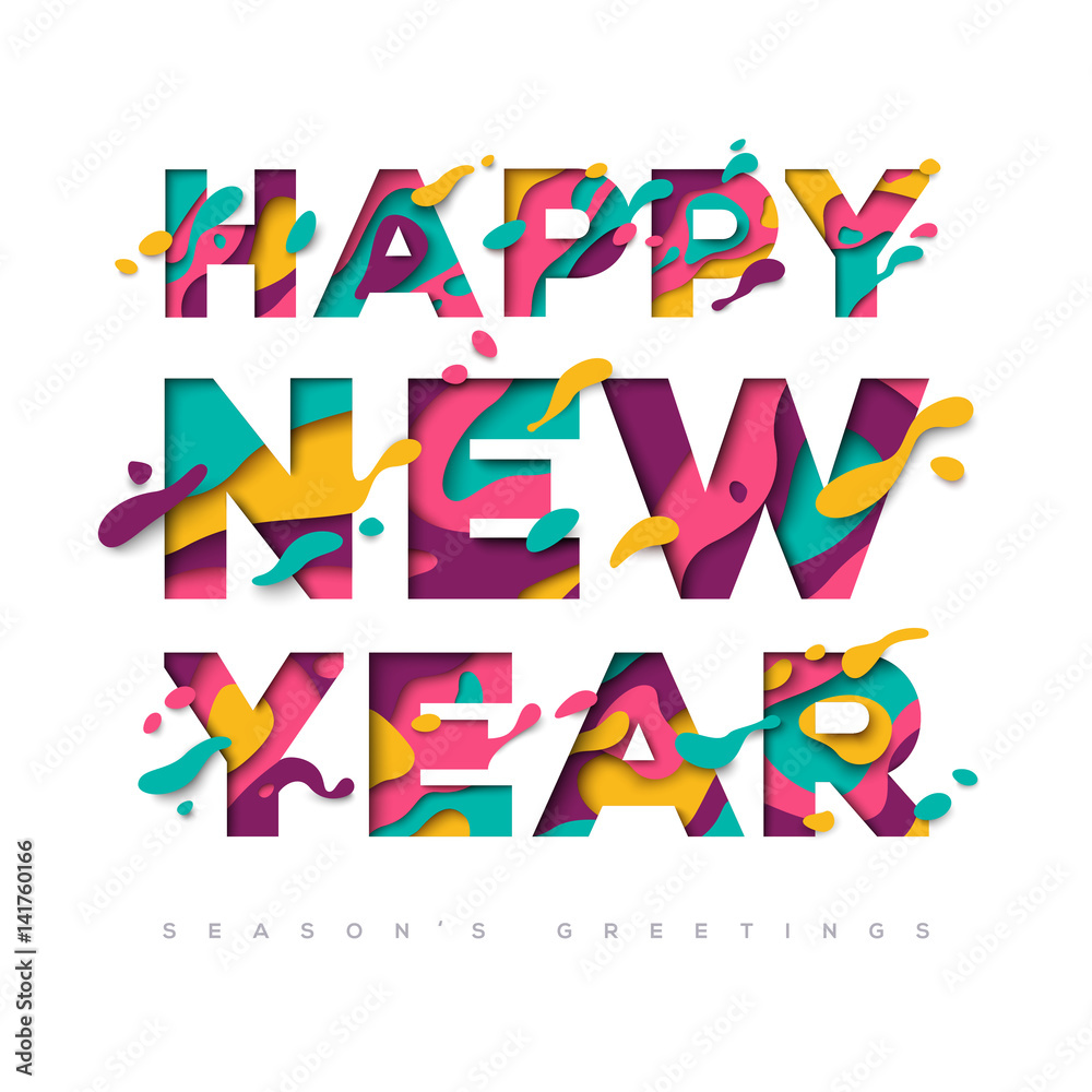 New Year typography with abstract paper cut shapes New Year typography with abstract paper cut shapes