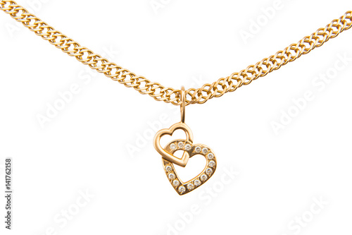 Gold chain and pendant in the shape of heart on a white background