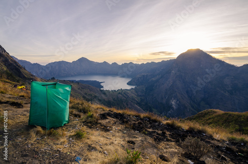 Mount Rinjani basecamp. The mountain is the second highest volcano in Indonesia and rises to 3,726 metres (12,224 ft).