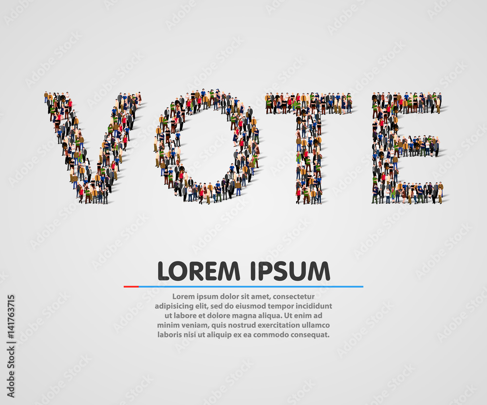 Large group of people in the vote word shape. USA. Vote, presidential elections concept.