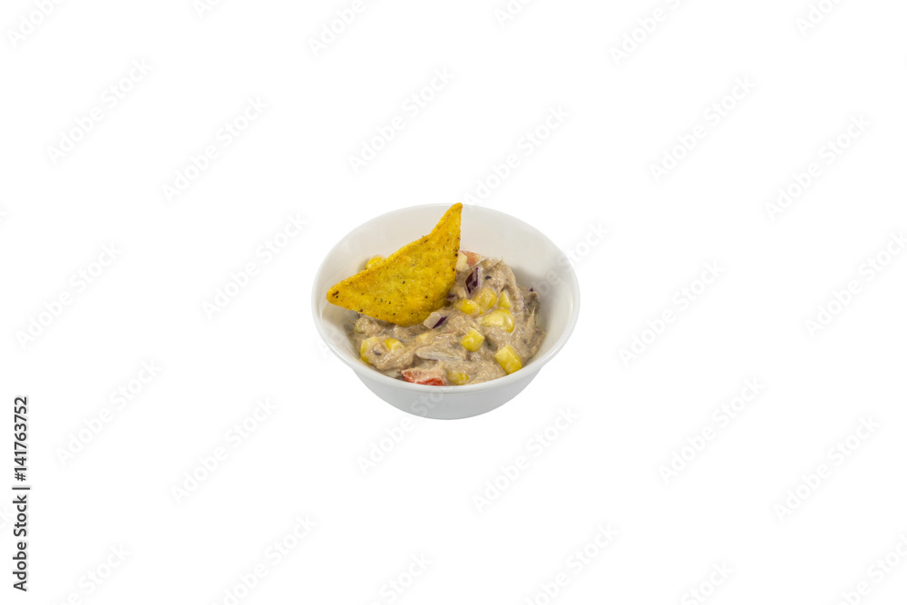Small bowl of tuna salad with tortilla chips Small bowl of tuna salad with tortilla chips