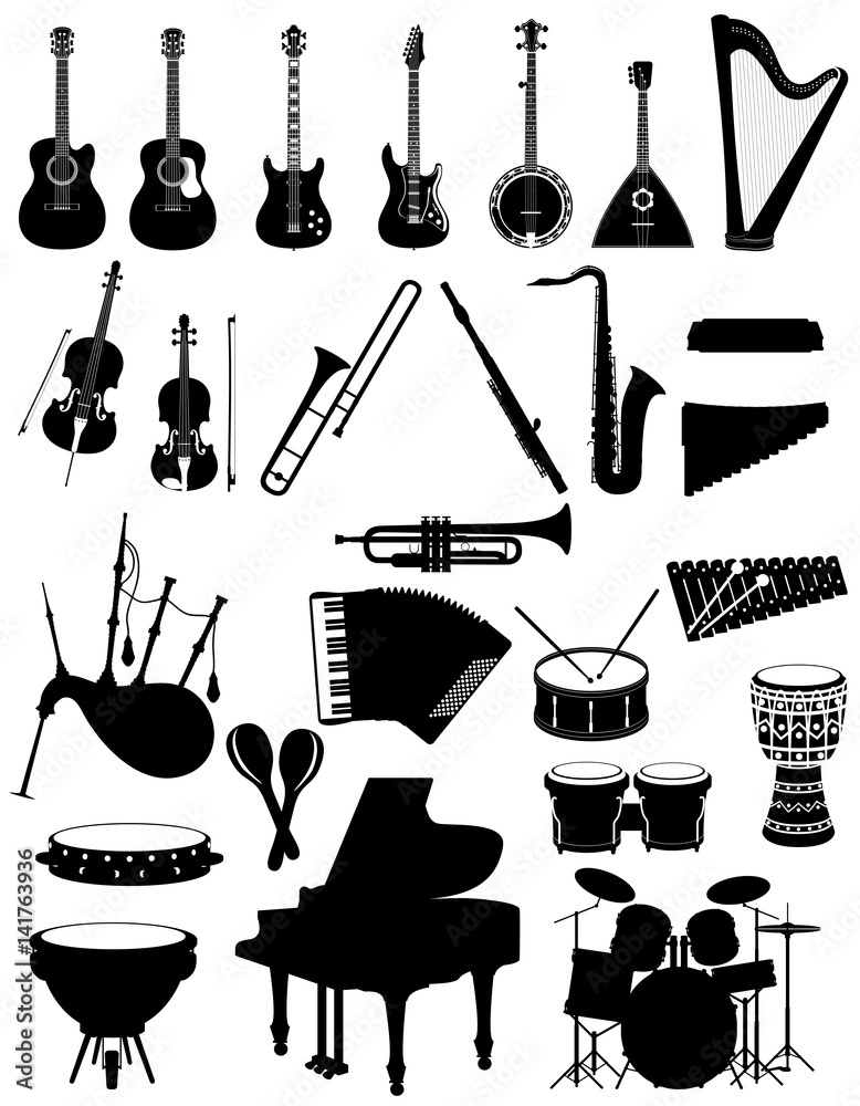Fototapeta premium musical instruments set icons black silhouette outline stock vector illustration