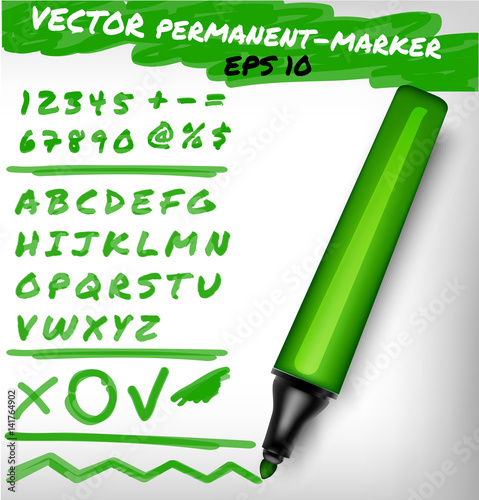 Dark green color open permanent marker pen, handwritten digits set, numerals, figure and alphabet check sign, plus, line.Vector felt-pen illustration 
