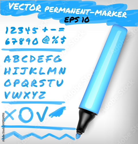 light blue color open permanent marker pen, handwritten digits set, numerals, figure and alphabet check sign, plus, line.Vector felt-pen illustration 
