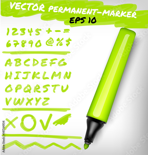 Lime green color open permanent marker pen, handwritten digits set, numerals, figure and alphabet check sign, plus, line.Vector felt-pen illustration 
