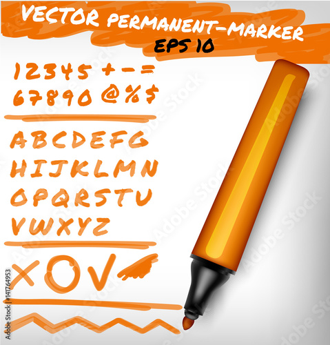 Orange color open permanent marker pen, handwritten digits set, numerals, figure and alphabet check sign, plus, line.Vector felt-pen illustration 
