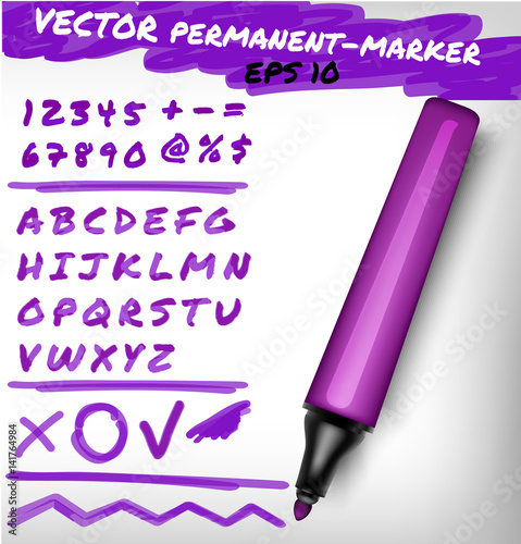 Purple color open permanent marker pen, handwritten digits set, numerals, figure and alphabet check sign, plus, line.Vector felt-pen illustration 

