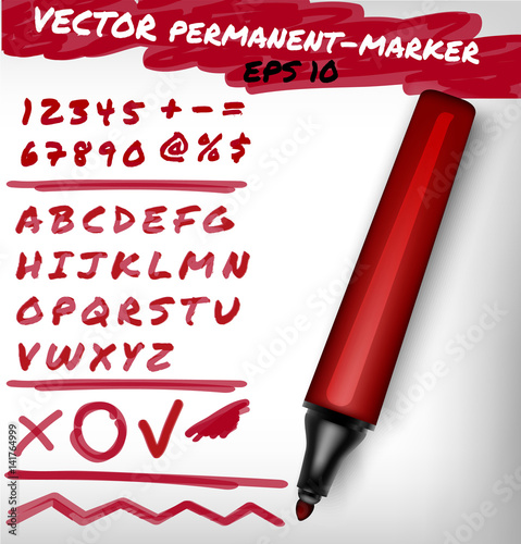Red color open permanent marker pen, handwritten digits set, numerals, figure and alphabet check sign, plus, line.Vector felt-pen illustration 
