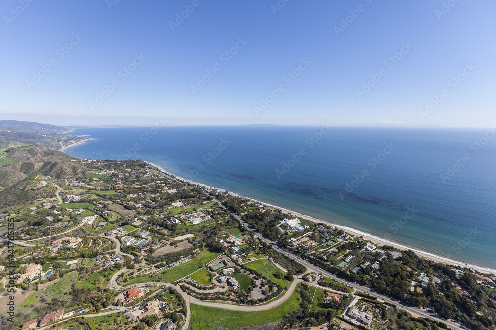 Aerial view of ocean view estates in Malibu, California.