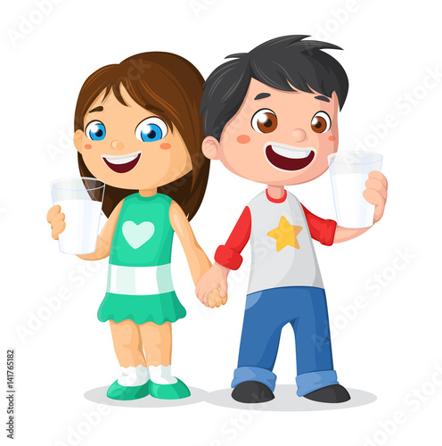 Children with a glass of milk. Drink milk vector illustration