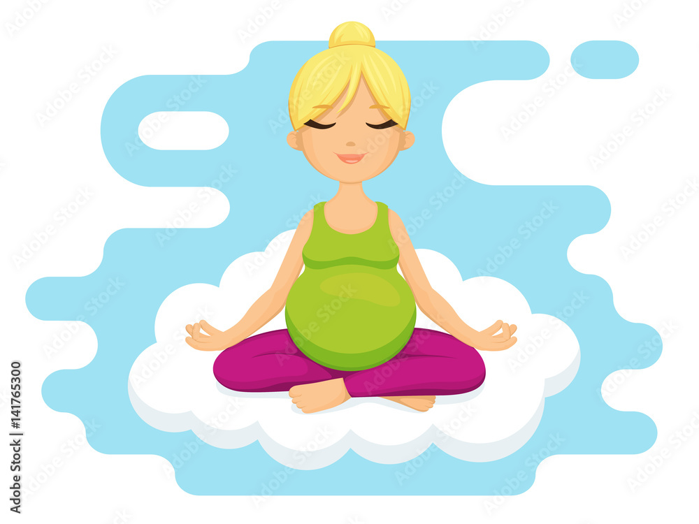 Yoga for pregnant women. Smiling pregnant woman relaxing on cloud