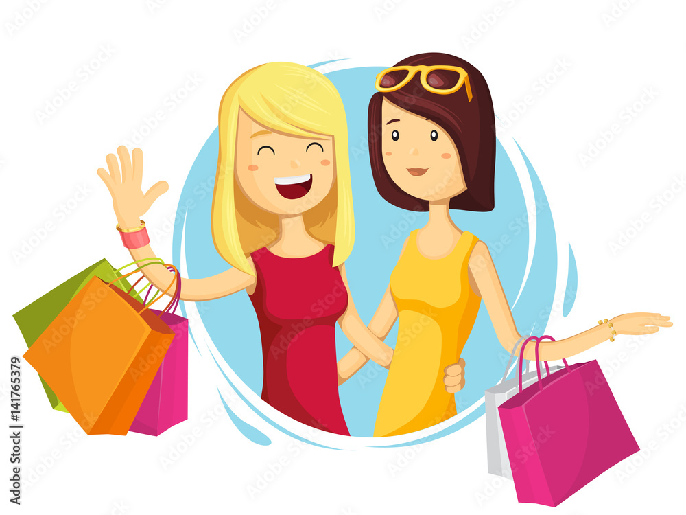 Happy fashion girl with shopping bags in shop. Shopper. Big Sales. Funny  cartoon character. Vector illustration in flat style. Stock Vector | Adobe  Stock