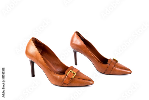 Brown women's high-heeled shoes on a white background