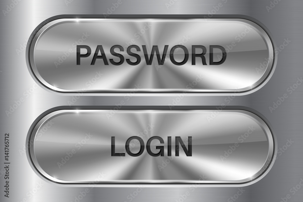 Metal oval buttons on stainless steel background. LOGIN and PASSWORD 3d icons Metal oval buttons on stainless steel background. LOGIN and PASSWORD 3d icons