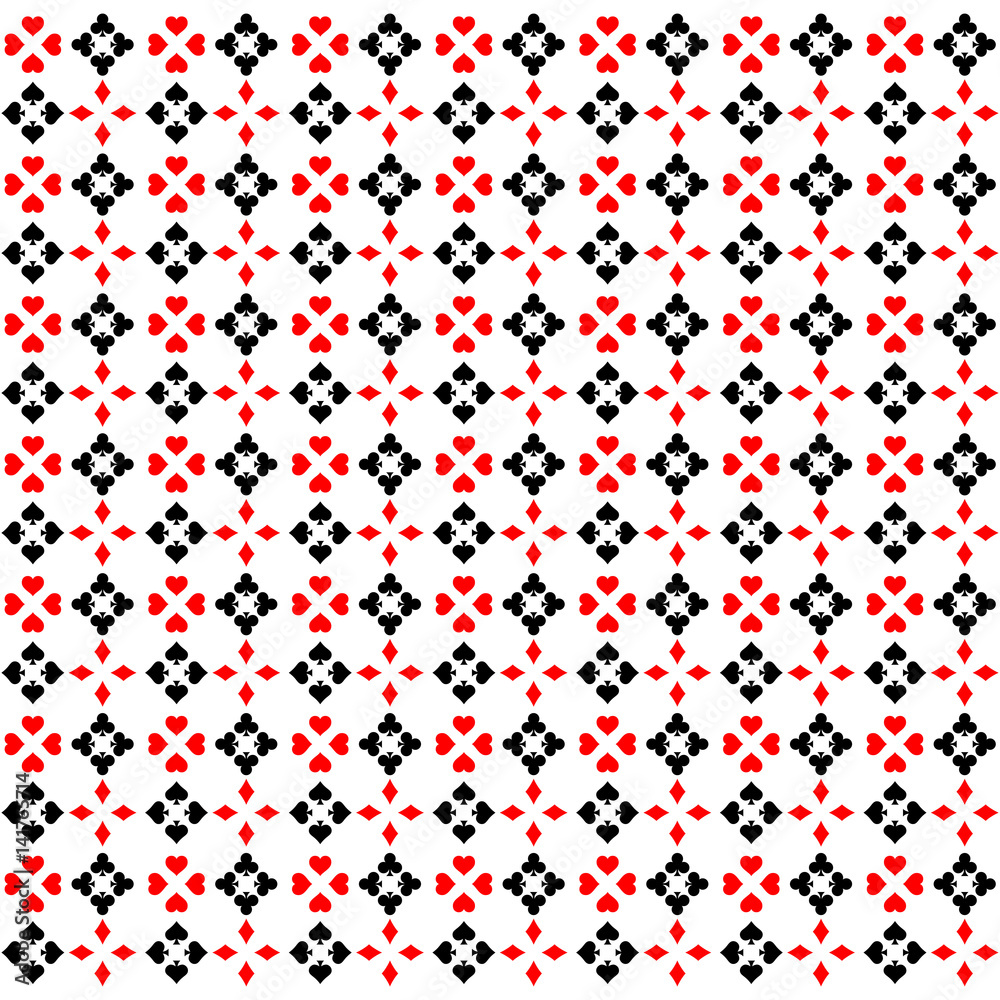 Background for poker and casino. A pattern from the suits of a deck of cards. Black and red symbols on a white background. Background for poker and casino. A pattern from the suits of a deck of cards. Black and red symbols on a white background.
