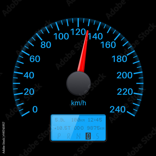 Black speedometer scale with blue back light. Speed gauge