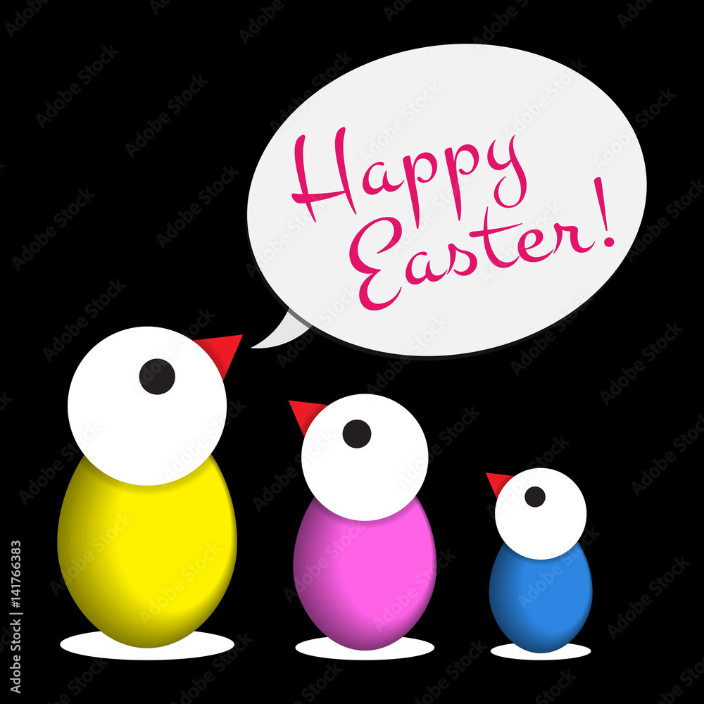 Easter greeting - three colored chicken eggs, text Easter greeting - three colored chicken eggs, text