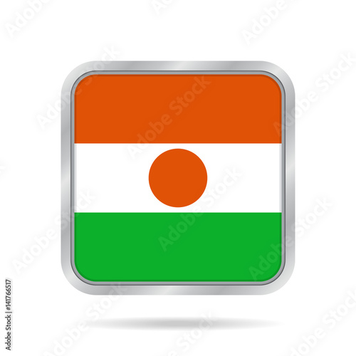Flag of Niger. Shiny metallic gray square button.