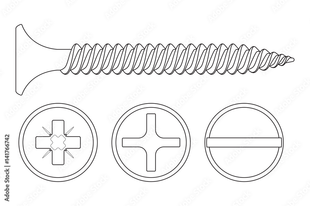Wood screw. Outline icon. Phillips, frearson and slotted flat heads