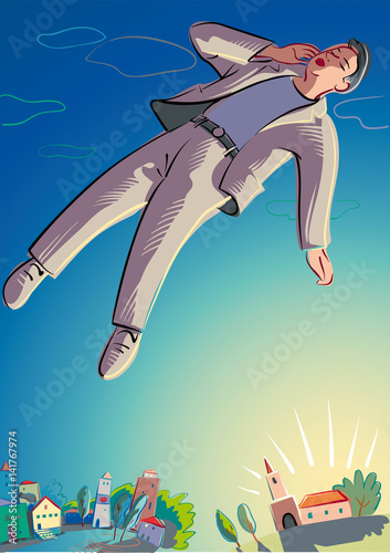 Middle-aged man asleep, dreams of flying in a fairy land.