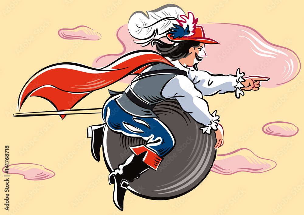 Baron Munchausen is clinging to a cannon ball flying in the clouds.