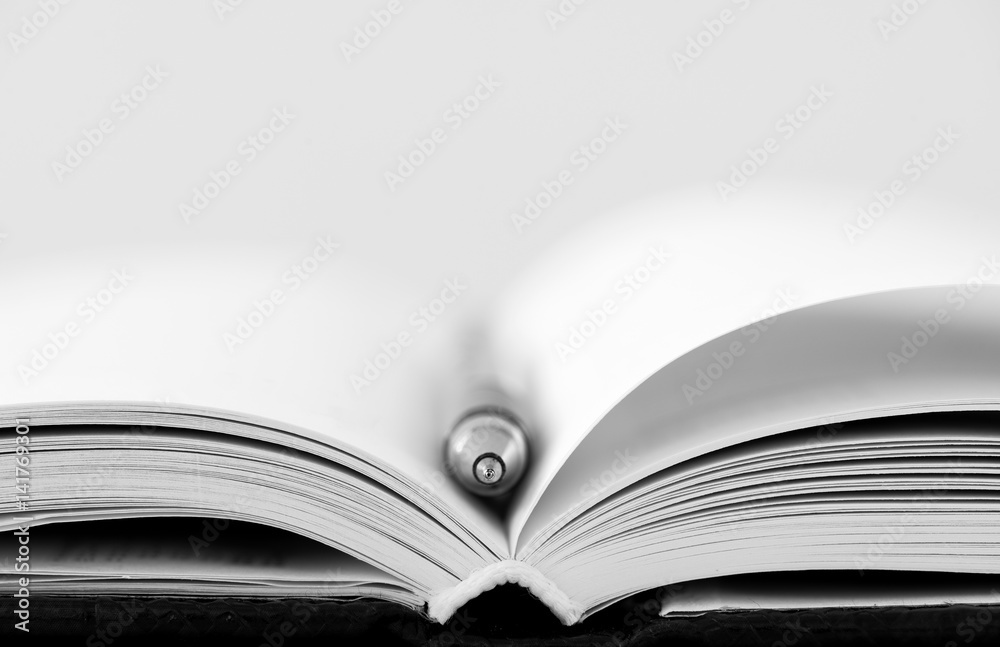 Obraz premium Opened notebook with pen isolated - selective focus, copy space