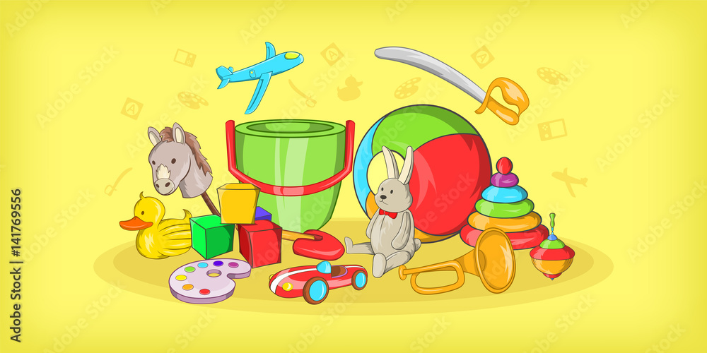 Fototapeta premium Kids toys horizontal banner, cartoon style