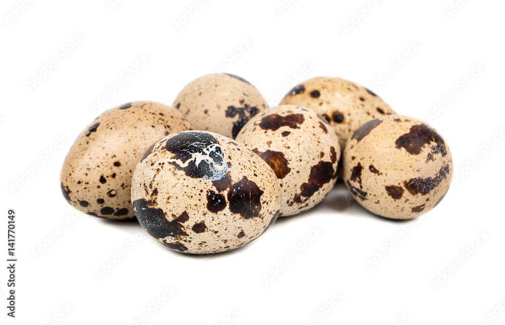 Several raw quail eggs on a white background Several raw quail eggs on a white background