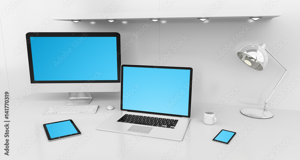 Modern white desk interior with computer and devices 3D rendering Modern white desk interior with computer and devices 3D rendering