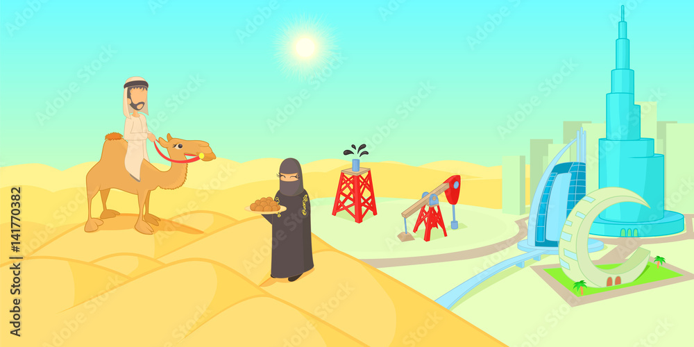 Fototapeta premium UAE travel horizontal banner, cartoon style