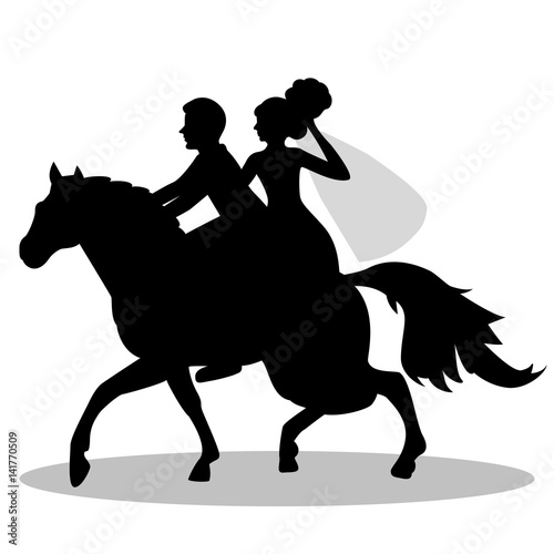 The bride and groom on a horse.